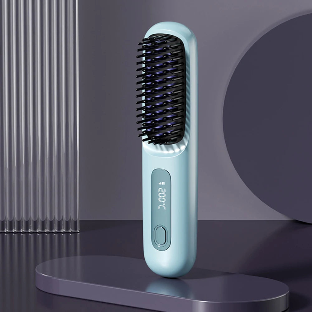 Electric Wireless Straightening Brush LCD Usb Ceramic Heating Straight Hair Comb Portable Negative Ion Styling Tool Rechargeable