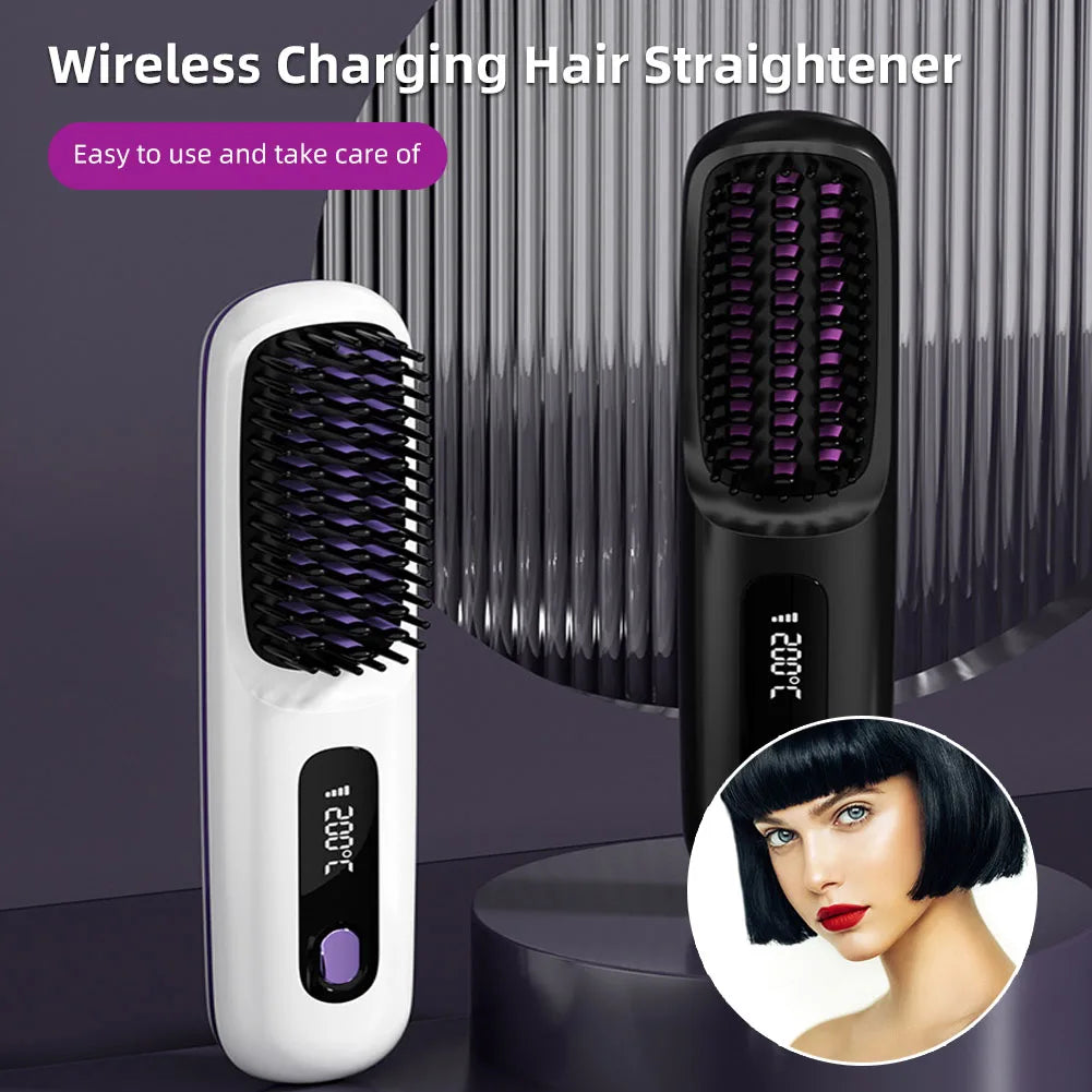 Electric Wireless Straightening Brush LCD Usb Ceramic Heating Straight Hair Comb Portable Negative Ion Styling Tool Rechargeable