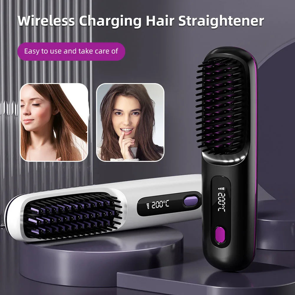 Electric Wireless Straightening Brush LCD Usb Ceramic Heating Straight Hair Comb Portable Negative Ion Styling Tool Rechargeable