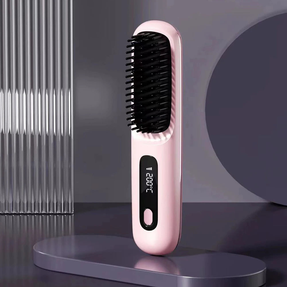 Electric Wireless Straightening Brush LCD Usb Ceramic Heating Straight Hair Comb Portable Negative Ion Styling Tool Rechargeable