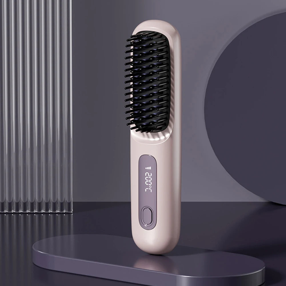 Electric Wireless Straightening Brush LCD Usb Ceramic Heating Straight Hair Comb Portable Negative Ion Styling Tool Rechargeable