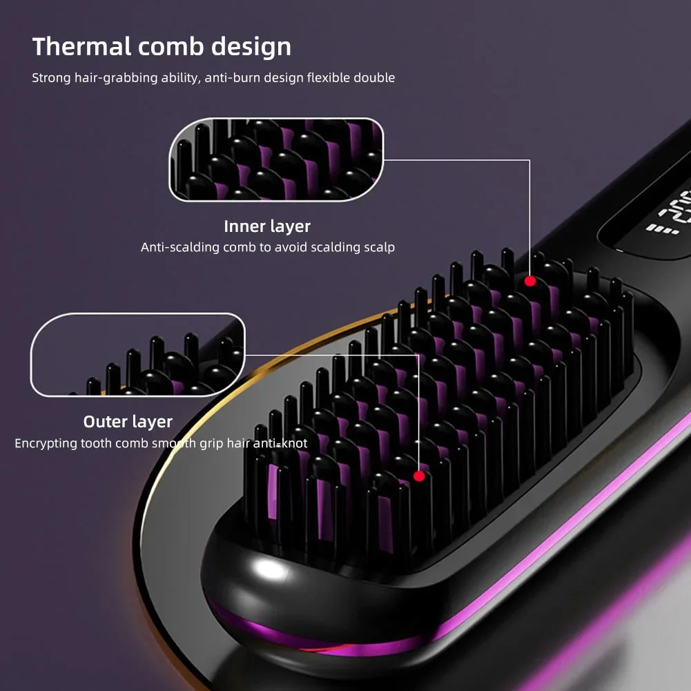 Electric Wireless Straightening Brush LCD Usb Ceramic Heating Straight Hair Comb Portable Negative Ion Styling Tool Rechargeable