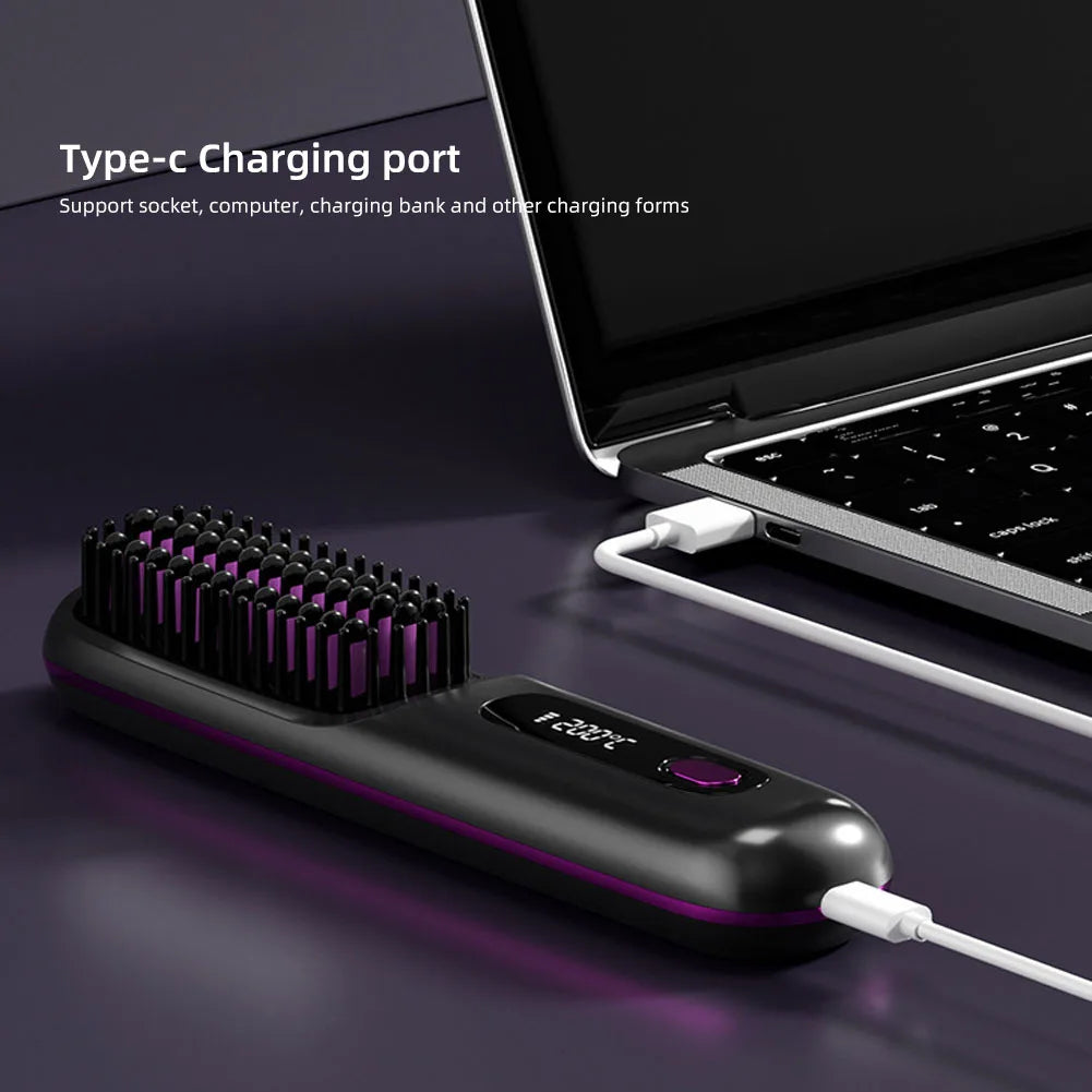 Electric Wireless Straightening Brush LCD Usb Ceramic Heating Straight Hair Comb Portable Negative Ion Styling Tool Rechargeable