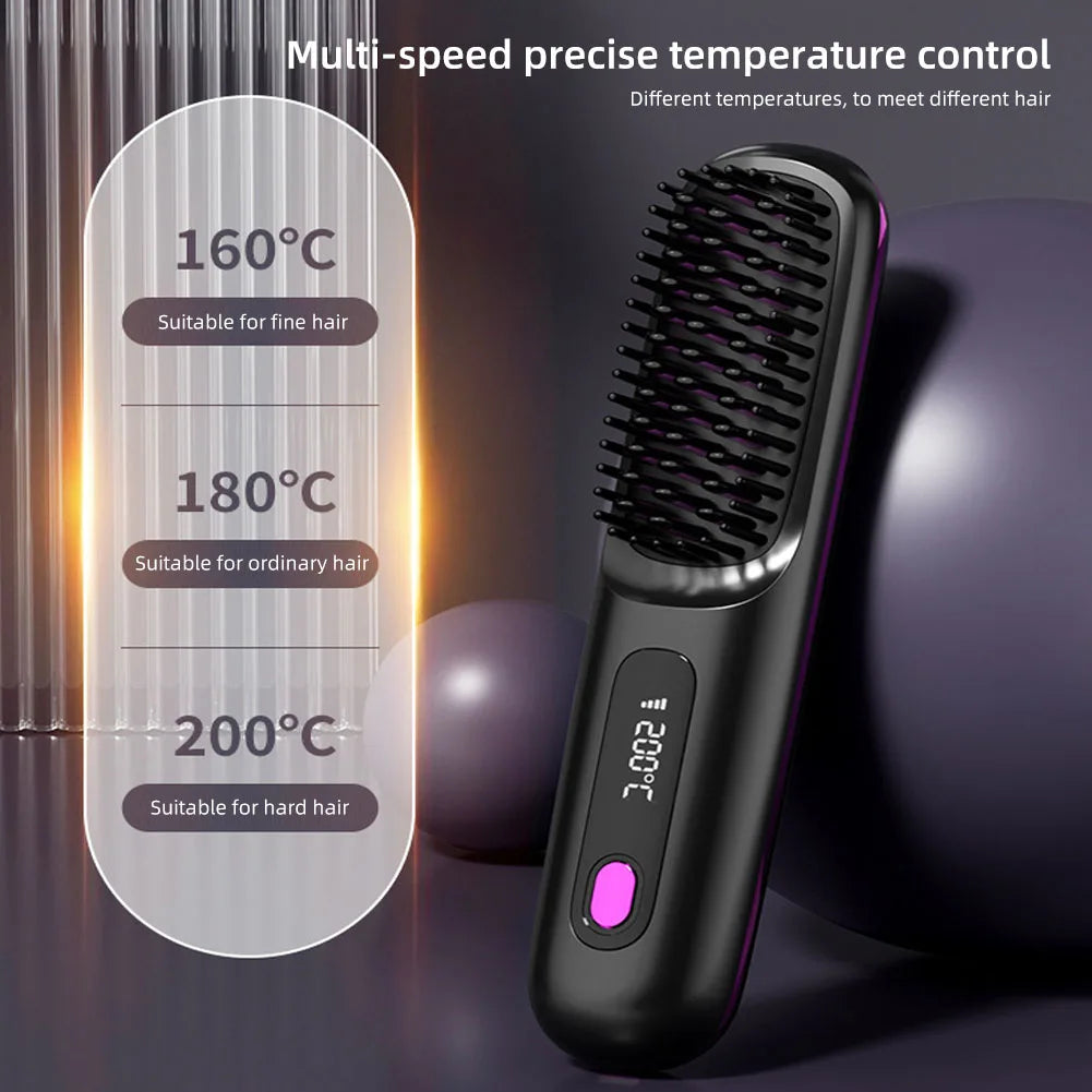 Electric Wireless Straightening Brush LCD Usb Ceramic Heating Straight Hair Comb Portable Negative Ion Styling Tool Rechargeable