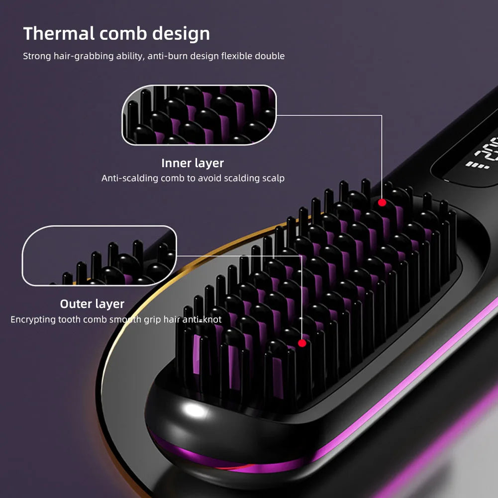 Electric Wireless Straightening Brush LCD Usb Ceramic Heating Straight Hair Comb Portable Negative Ion Styling Tool Rechargeable